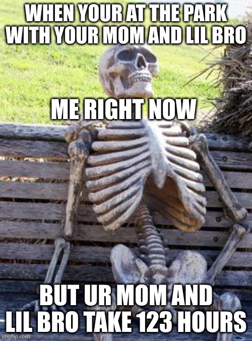 Waiting Skeleton | WHEN YOUR AT THE PARK WITH YOUR MOM AND LIL BRO; ME RIGHT NOW; BUT UR MOM AND LIL BRO TAKE 123 HOURS | image tagged in memes,waiting skeleton | made w/ Imgflip meme maker