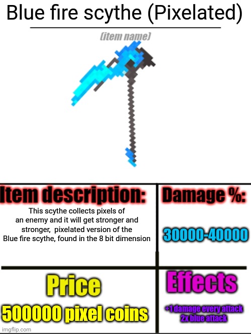 clever title | Blue fire scythe (Pixelated); This scythe collects pixels of an enemy and it will get stronger and stronger,  pixelated version of the Blue fire scythe, found in the 8 bit dimension; 30000-40000; 500000 pixel coins; +1 damage every attack
2x blue attack | image tagged in item-shop extended | made w/ Imgflip meme maker