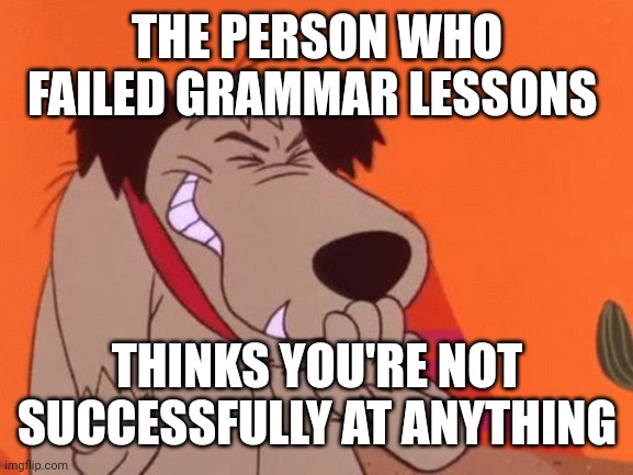 snicker | THE PERSON WHO FAILED GRAMMAR LESSONS THINKS YOU'RE NOT SUCCESSFULLY AT ANYTHING | image tagged in snicker | made w/ Imgflip meme maker