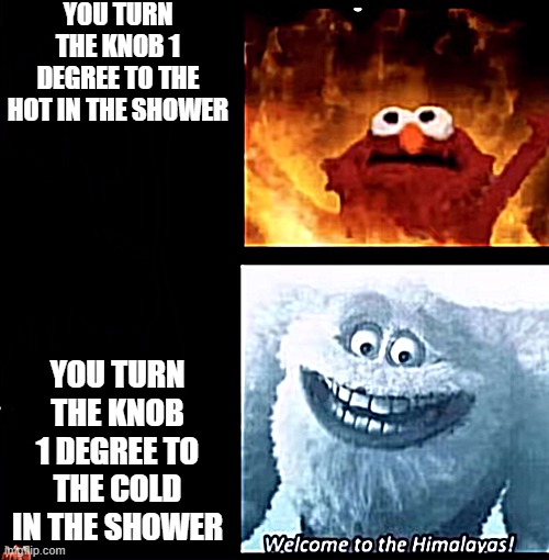 This is straight facts | YOU TURN THE KNOB 1 DEGREE TO THE HOT IN THE SHOWER; YOU TURN THE KNOB 1 DEGREE TO THE COLD IN THE SHOWER | image tagged in hot and cold | made w/ Imgflip meme maker
