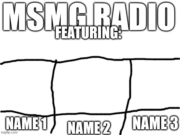New temp, also the bigger boxes should show the icon of whoever is on the episode(or an oc if they have one) | NAME 3; NAME 1; NAME 2 | image tagged in msmg radio intro | made w/ Imgflip meme maker