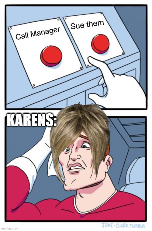 Two Buttons | Sue them; Call Manager; KARENS: | image tagged in memes,two buttons,karen,perfection | made w/ Imgflip meme maker