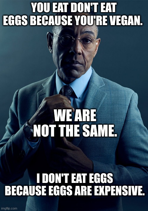 Gus Fring we are not the same | YOU EAT DON'T EAT EGGS BECAUSE YOU'RE VEGAN. WE ARE NOT THE SAME. I DON'T EAT EGGS BECAUSE EGGS ARE EXPENSIVE. | image tagged in gus fring we are not the same | made w/ Imgflip meme maker