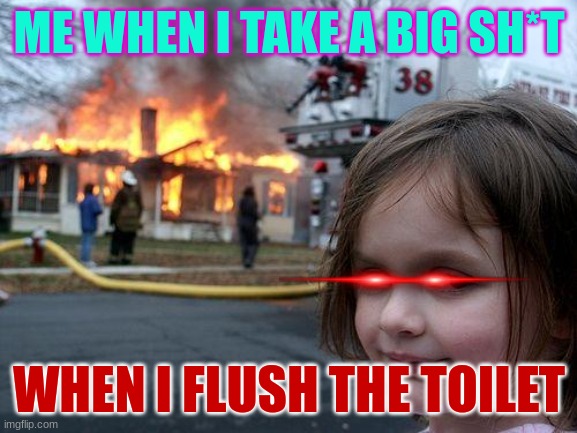 Disaster Girl | ME WHEN I TAKE A BIG SH*T; WHEN I FLUSH THE TOILET | image tagged in memes,disaster girl | made w/ Imgflip meme maker