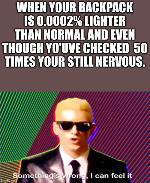 Something’s wrong | WHEN YOUR BACKPACK IS 0.0002% LIGHTER THAN NORMAL AND EVEN THOUGH YO'UVE CHECKED  50 TIMES YOUR STILL NERVOUS. | image tagged in something s wrong | made w/ Imgflip meme maker