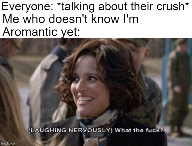 O.O | Everyone: *talking about their crush*; Me who doesn't know I'm 
Aromantic yet: | image tagged in nervous laughter meme,aromantic,lgbtq | made w/ Imgflip meme maker