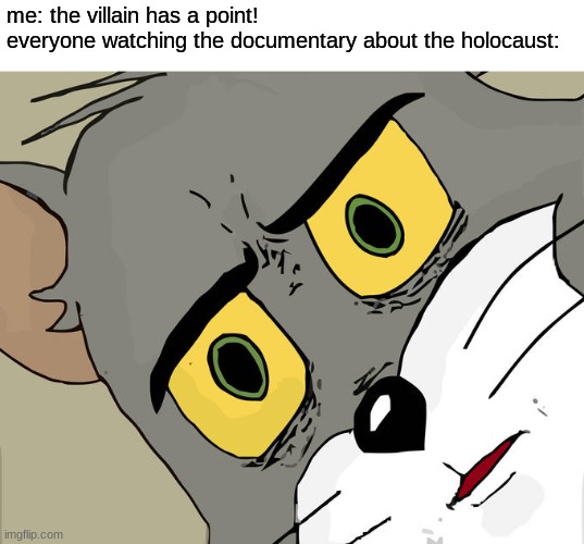 bruh | me: the villain has a point!
everyone watching the documentary about the holocaust: | image tagged in memes,unsettled tom | made w/ Imgflip meme maker