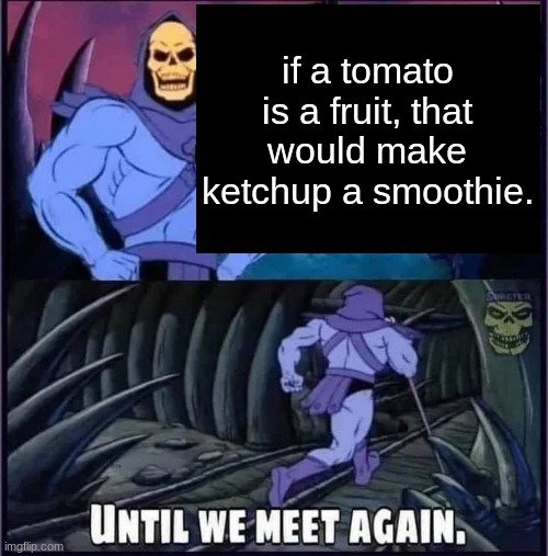 true | if a tomato is a fruit, that would make ketchup a smoothie. | image tagged in until we meet again | made w/ Imgflip meme maker