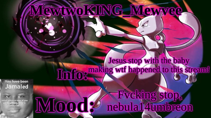 MewtwoKING_Mewvee temp 4.0 | Jesus stop with the baby making wtf happened to this stream! Fvcking stop, nebula14umbreon | image tagged in mewtwoking_mewvee temp 4 0 | made w/ Imgflip meme maker