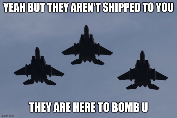 Fighter jet postal worker | YEAH BUT THEY AREN'T SHIPPED TO YOU THEY ARE HERE TO BOMB U | image tagged in fighter jet postal worker | made w/ Imgflip meme maker