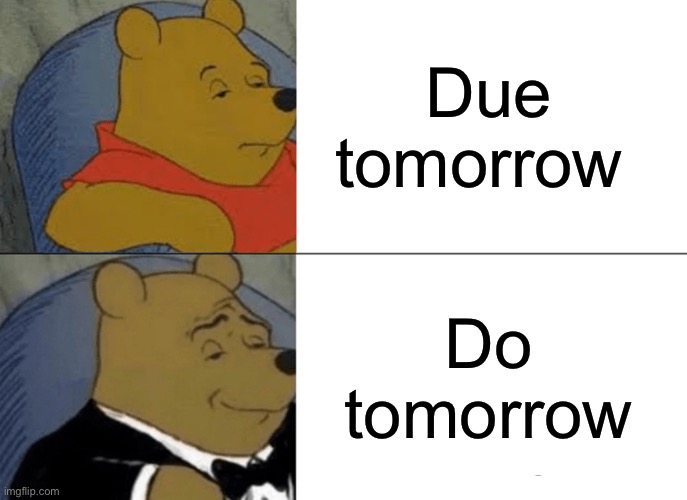 Students be like | Due tomorrow; Do tomorrow | image tagged in memes,tuxedo winnie the pooh | made w/ Imgflip meme maker