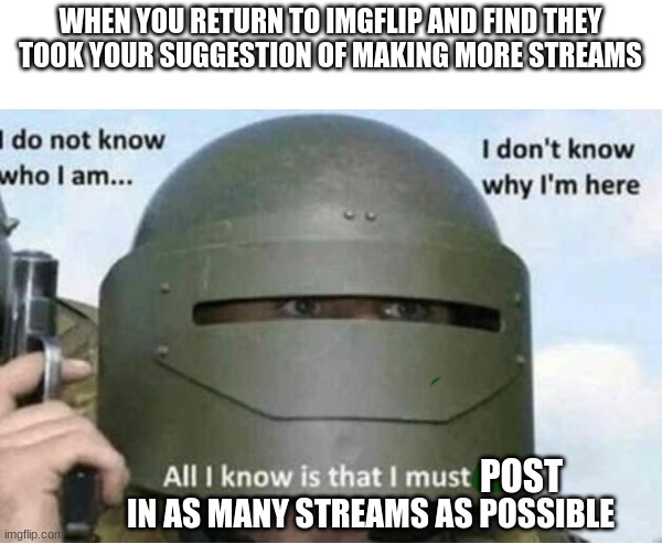 QUANTITY | WHEN YOU RETURN TO IMGFLIP AND FIND THEY TOOK YOUR SUGGESTION OF MAKING MORE STREAMS; POST; IN AS MANY STREAMS AS POSSIBLE | image tagged in all i know is that i must kill bottom panel | made w/ Imgflip meme maker