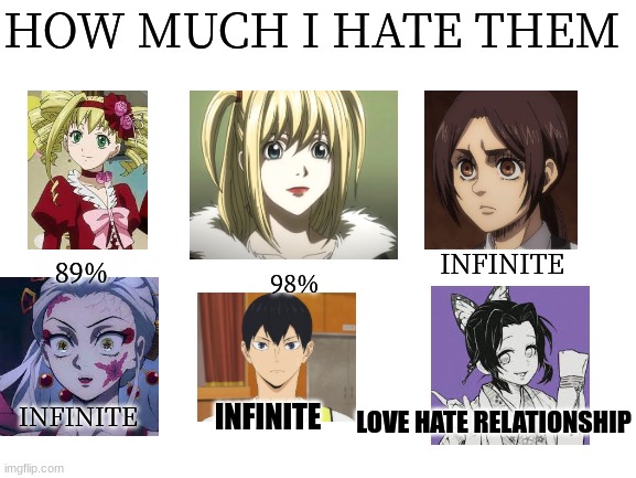 whats yall opinion on this? | HOW MUCH I HATE THEM; INFINITE; 89%; 98%; LOVE HATE RELATIONSHIP; INFINITE; INFINITE | image tagged in blank white template | made w/ Imgflip meme maker