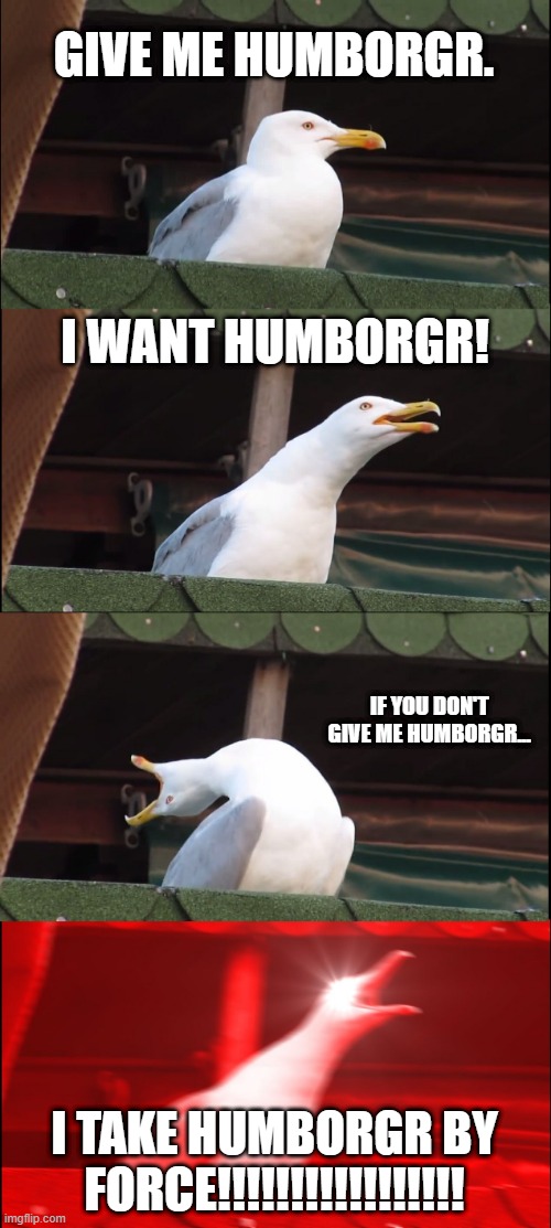 Humborgr Seagull | GIVE ME HUMBORGR. I WANT HUMBORGR! IF YOU DON'T GIVE ME HUMBORGR... I TAKE HUMBORGR BY FORCE!!!!!!!!!!!!!!!!! | image tagged in memes,inhaling seagull | made w/ Imgflip meme maker