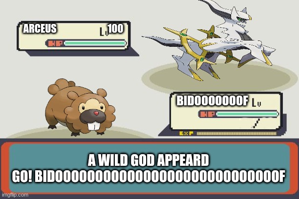 GO!!!! | ARCEUS                           100; BIDOOOOOOOF; A WILD GOD APPEARD

GO! BIDOOOOOOOOOOOOOOOOOOOOOOOOOOOOF | image tagged in pokemon battle | made w/ Imgflip meme maker