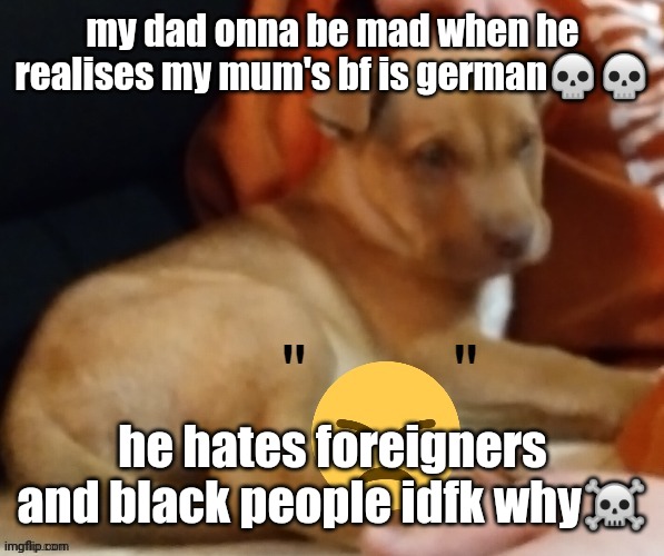 æ | my dad onna be mad when he realises my mum's bf is german💀💀; he hates foreigners and black people idfk why☠️ | image tagged in ty pogchamp | made w/ Imgflip meme maker