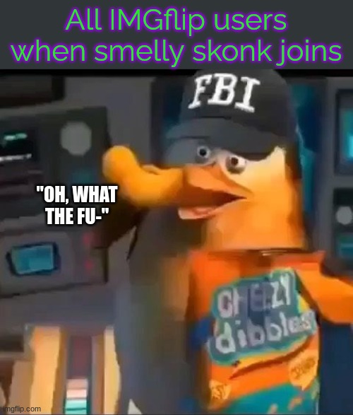 OH WHAT THE FU- | All IMGflip users when smelly skonk joins; "OH, WHAT THE FU-" | image tagged in fbi spying | made w/ Imgflip meme maker