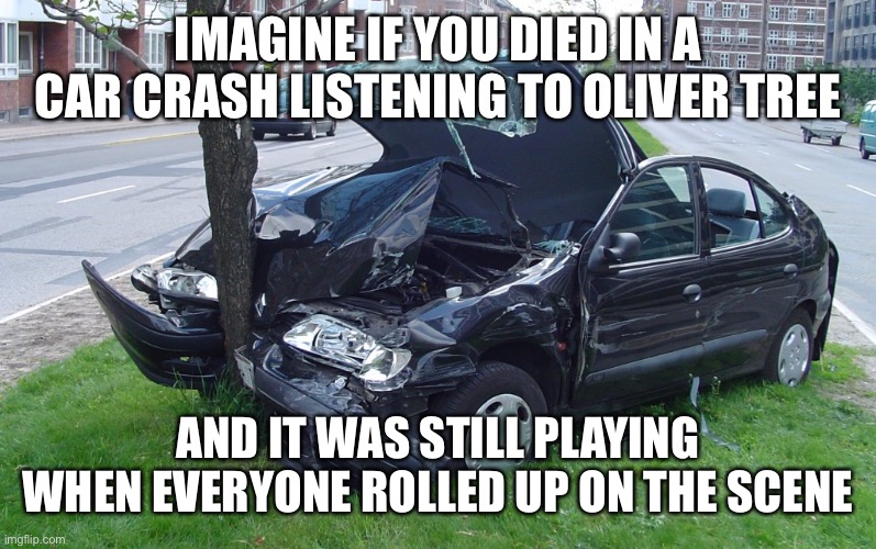 Car Crash | IMAGINE IF YOU DIED IN A CAR CRASH LISTENING TO OLIVER TREE; AND IT WAS STILL PLAYING WHEN EVERYONE ROLLED UP ON THE SCENE | image tagged in car crash | made w/ Imgflip meme maker