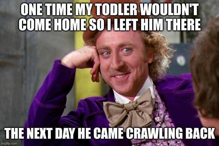 Silly wanka | ONE TIME MY TODDLER WOULDN'T COME HOME SO I LEFT HIM THERE; THE NEXT DAY HE CAME CRAWLING BACK | image tagged in silly wanka | made w/ Imgflip meme maker
