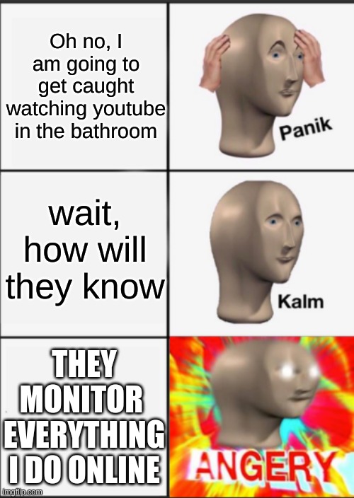 Panik Kalm Angery | Oh no, I am going to get caught watching youtube in the bathroom; wait, how will they know; THEY MONITOR 
EVERYTHING I DO ONLINE | image tagged in panik kalm angery | made w/ Imgflip meme maker