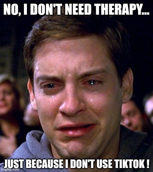 Toby Maguire | NO, I DON'T NEED THERAPY... JUST BECAUSE I DON'T USE TIKTOK ! | image tagged in toby maguire | made w/ Imgflip meme maker