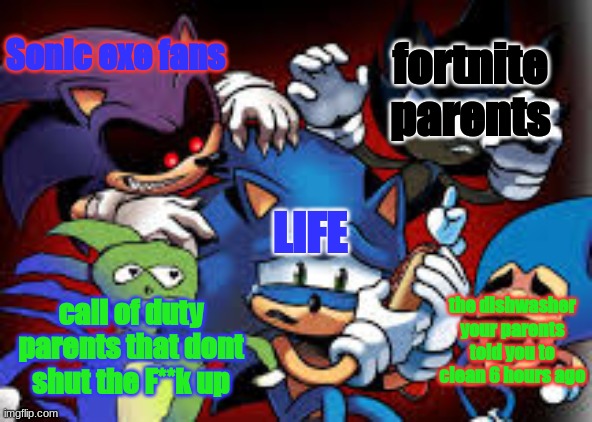 scawed sonic | fortnite parents; Sonic exe fans; LIFE; the dishwasher your parents told you to clean 6 hours ago; call of duty parents that dont shut the F**k up | image tagged in scared sonic | made w/ Imgflip meme maker