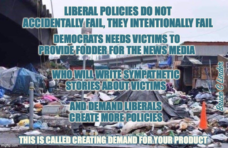 Liberal policies | LIBERAL POLICIES DO NOT ACCIDENTALLY FAIL, THEY INTENTIONALLY FAIL; DEMOCRATS NEEDS VICTIMS TO PROVIDE FODDER FOR THE NEWS MEDIA; WHO WILL WRITE SYMPATHETIC STORIES ABOUT VICTIMS; Bruce C Linder; AND DEMAND LIBERALS CREATE MORE POLICIES; THIS IS CALLED CREATING DEMAND FOR YOUR PRODUCT | image tagged in liberal policies,failure,eve of destruction | made w/ Imgflip meme maker
