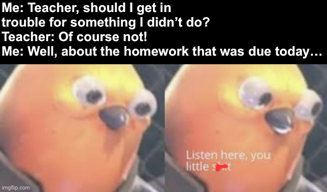 I’ve actually done this |  Me: Teacher, should I get in trouble for something I didn’t do?
Teacher: Of course not!
Me: Well, about the homework that was due today… | image tagged in listen here you little shit bird | made w/ Imgflip meme maker
