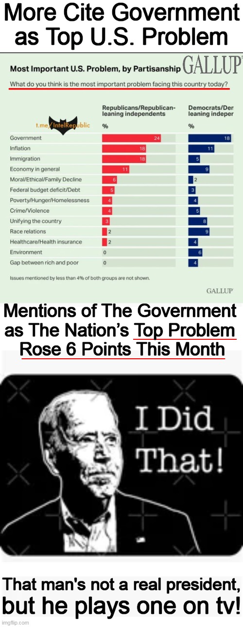 You Go, Joe! | More Cite Government
as Top U.S. Problem; Mentions of The Government 
as The Nation’s Top Problem 
Rose 6 Points This Month; That man's not a real president, but he plays one on tv! | image tagged in politics,joe biden,gallup poll,government,problem,political humor | made w/ Imgflip meme maker