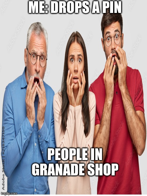 Uh ohhh | ME: DROPS A PIN; PEOPLE IN GRANADE SHOP | image tagged in fun | made w/ Imgflip meme maker