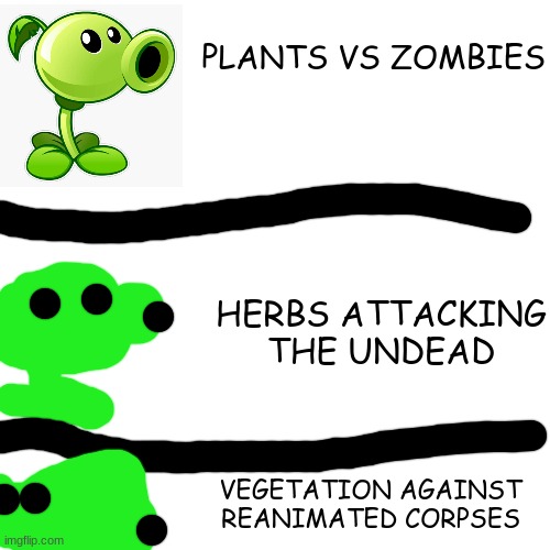 Increasingly Verbose PvZ | PLANTS VS ZOMBIES; HERBS ATTACKING THE UNDEAD; VEGETATION AGAINST REANIMATED CORPSES | image tagged in plants vs zombies | made w/ Imgflip meme maker