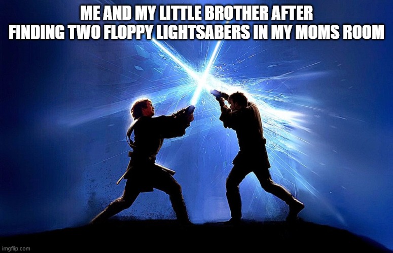 Odd looking lightsabers i guess.... | ME AND MY LITTLE BROTHER AFTER FINDING TWO FLOPPY LIGHTSABERS IN MY MOMS ROOM | image tagged in lightsaber battle | made w/ Imgflip meme maker