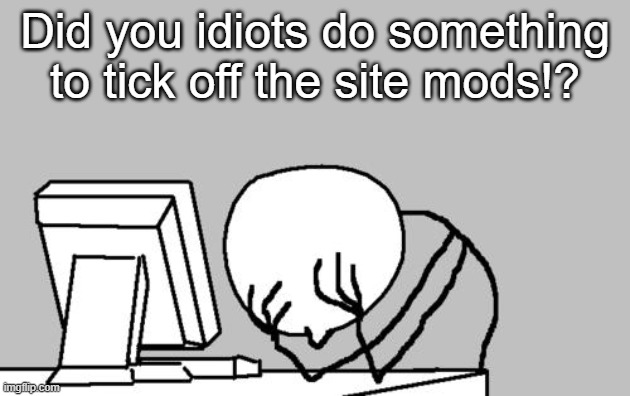 Computer Guy Facepalm Meme | Did you idiots do something to tick off the site mods!? | image tagged in memes,computer guy facepalm | made w/ Imgflip meme maker