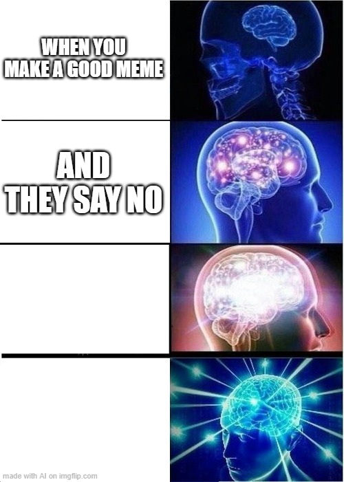 Expanding Brain | WHEN YOU MAKE A GOOD MEME; AND THEY SAY NO | image tagged in memes,expanding brain | made w/ Imgflip meme maker