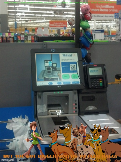 scooby's superbowl shopping | WELL ZOINKS THERE'S MANY SCOOBYS TO FEED MAYBE I SHOULDN'T HAVE BROUGHT MORE THAN ONE OF YOU; BUT YOU GOT BIGGER MOITHS TO FEED RAGGY | image tagged in walmart self checkout,warner bros,superbowl,scooby doo,dogs,shopping | made w/ Imgflip meme maker
