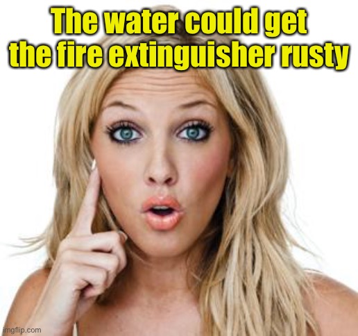 Dumb blonde | The water could get the fire extinguisher rusty | image tagged in dumb blonde | made w/ Imgflip meme maker