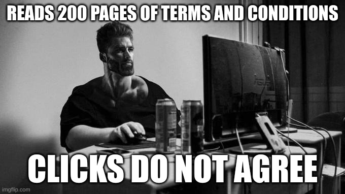 Gigachad On The Computer | READS 200 PAGES OF TERMS AND CONDITIONS; CLICKS DO NOT AGREE | image tagged in gigachad on the computer | made w/ Imgflip meme maker