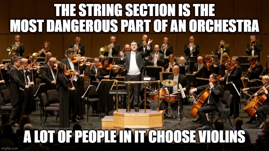 String Dangerous | THE STRING SECTION IS THE MOST DANGEROUS PART OF AN ORCHESTRA; A LOT OF PEOPLE IN IT CHOOSE VIOLINS | image tagged in orchestra | made w/ Imgflip meme maker