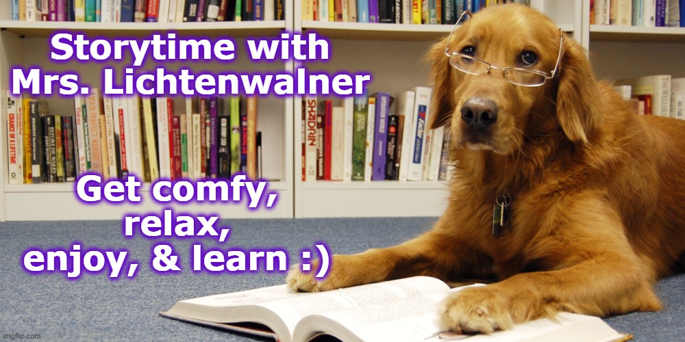 dog reading | Storytime with Mrs. Lichtenwalner; Get comfy, relax, enjoy, & learn :) | image tagged in dog reading | made w/ Imgflip meme maker