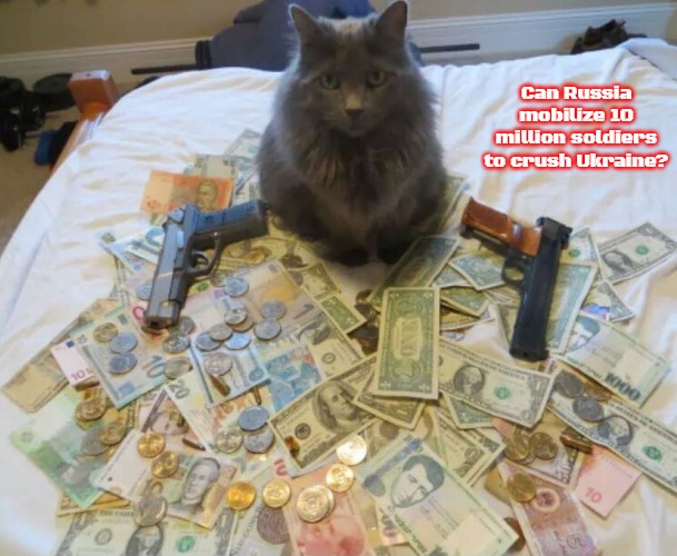 get rich cat | Can Russia mobilize 10 million soldiers to crush Ukraine? | image tagged in get rich cat,slavic,russia,russo-ukrainian war | made w/ Imgflip meme maker