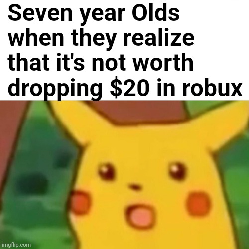 Surprised Pikachu | Seven year Olds when they realize that it's not worth dropping $20 in robux | image tagged in memes,surprised pikachu | made w/ Imgflip meme maker
