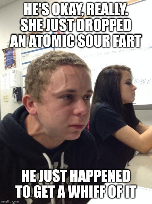 Hold fart | HE'S OKAY, REALLY. SHE JUST DROPPED AN ATOMIC SOUR FART; HE JUST HAPPENED TO GET A WHIFF OF IT | image tagged in hold fart | made w/ Imgflip meme maker