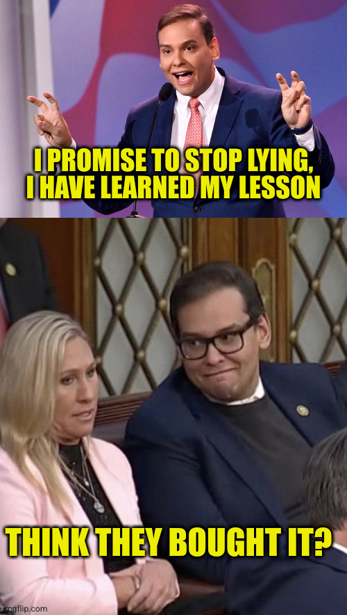 I have avoided this clown, but this one caused me to spit my coffee when I read he actually said it | I PROMISE TO STOP LYING, I HAVE LEARNED MY LESSON; THINK THEY BOUGHT IT? | image tagged in george santos air quotes,george santos mtg | made w/ Imgflip meme maker