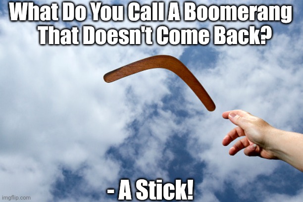 boomarang | What Do You Call A Boomerang 
 That Doesn't Come Back? - A Stick! | image tagged in boomarang,funny,funny memes,memes,haha,denmark | made w/ Imgflip meme maker