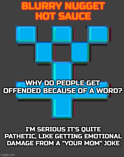 Snowflakes. And who banned me in the first place? | WHY DO PEOPLE GET OFFENDED BECAUSE OF A WORD? I'M SERIOUS IT'S QUITE PATHETIC, LIKE GETTING EMOTIONAL DAMAGE FROM A "YOUR MOM" JOKE | image tagged in blurry-nugget-hot-sauce announcement template | made w/ Imgflip meme maker