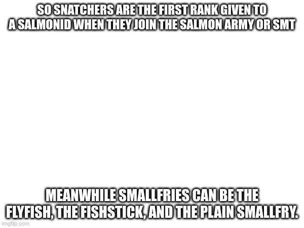 When a child gets higher ranks than you | SO SNATCHERS ARE THE FIRST RANK GIVEN TO A SALMONID WHEN THEY JOIN THE SALMON ARMY OR SMT; MEANWHILE SMALLFRIES CAN BE THE FLYFISH, THE FISHSTICK, AND THE PLAIN SMALLFRY. | image tagged in blank white template,splatoon,memes | made w/ Imgflip meme maker