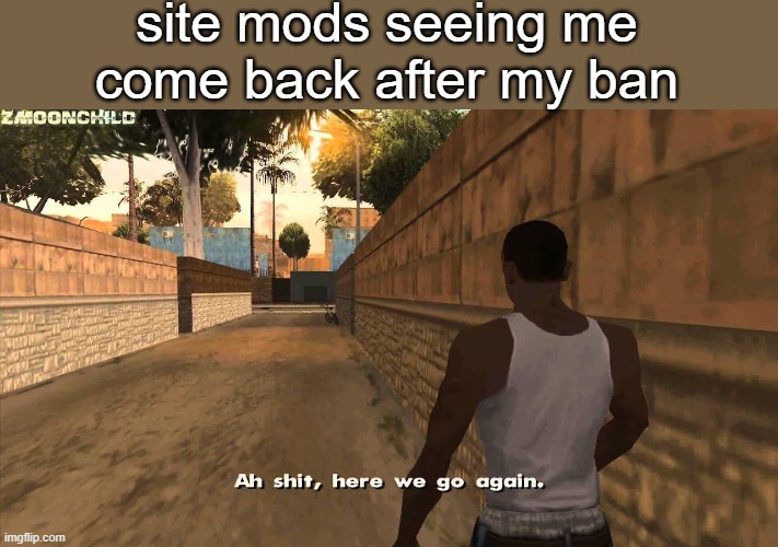 10 hours left | site mods seeing me come back after my ban | image tagged in here we go again | made w/ Imgflip meme maker