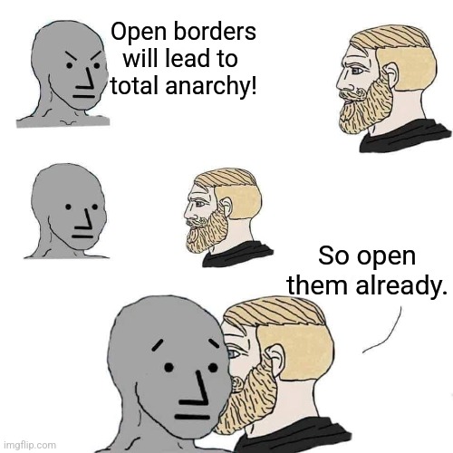 Chad approaching npc | Open borders will lead to 
total anarchy! So open them already. | image tagged in chad approaching npc | made w/ Imgflip meme maker