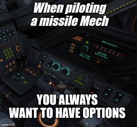 MechWarrior 5 - Missile Mech Options | When piloting a missile Mech; YOU ALWAYS WANT TO HAVE OPTIONS | image tagged in mw5,mechwarrior,battletech,mechwarrioronline | made w/ Imgflip meme maker