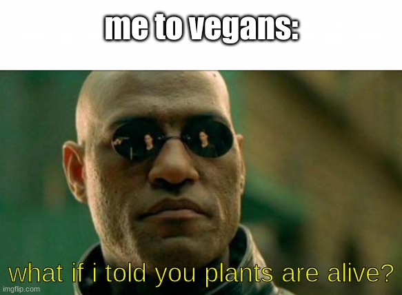 this title is funny right? | me to vegans:; what if i told you plants are alive? | image tagged in morphius | made w/ Imgflip meme maker